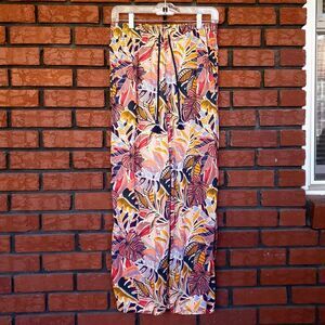 C&C California Linen Wide Leg Pants Size S Colorful Tropical Leaf Coastal Beach